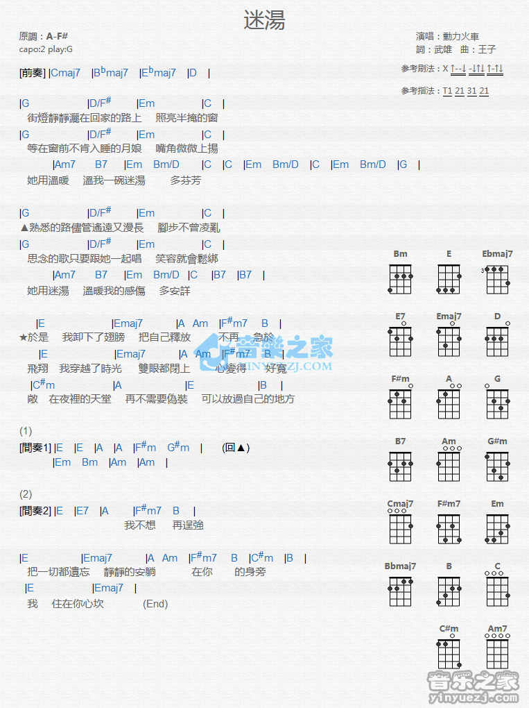 动力火车《迷汤》尤克里里弹唱谱