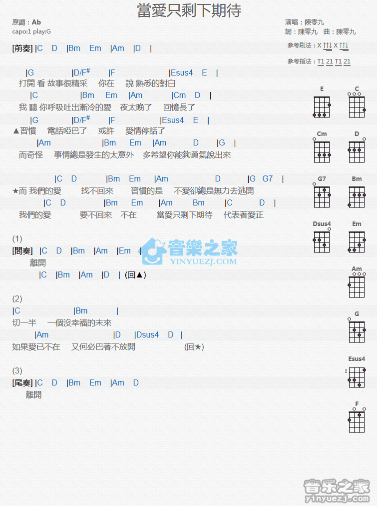 陈零九《当爱只剩下期待》尤克里里弹唱谱