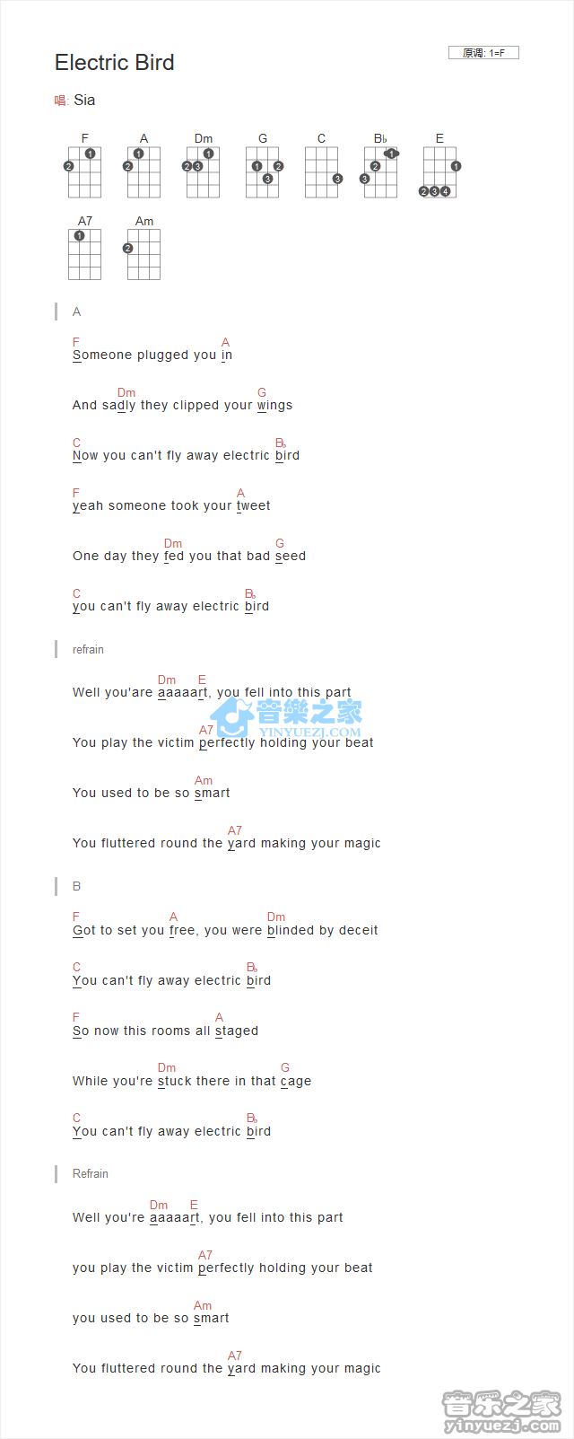 Sia《Electric Bird》尤克里里弹唱谱