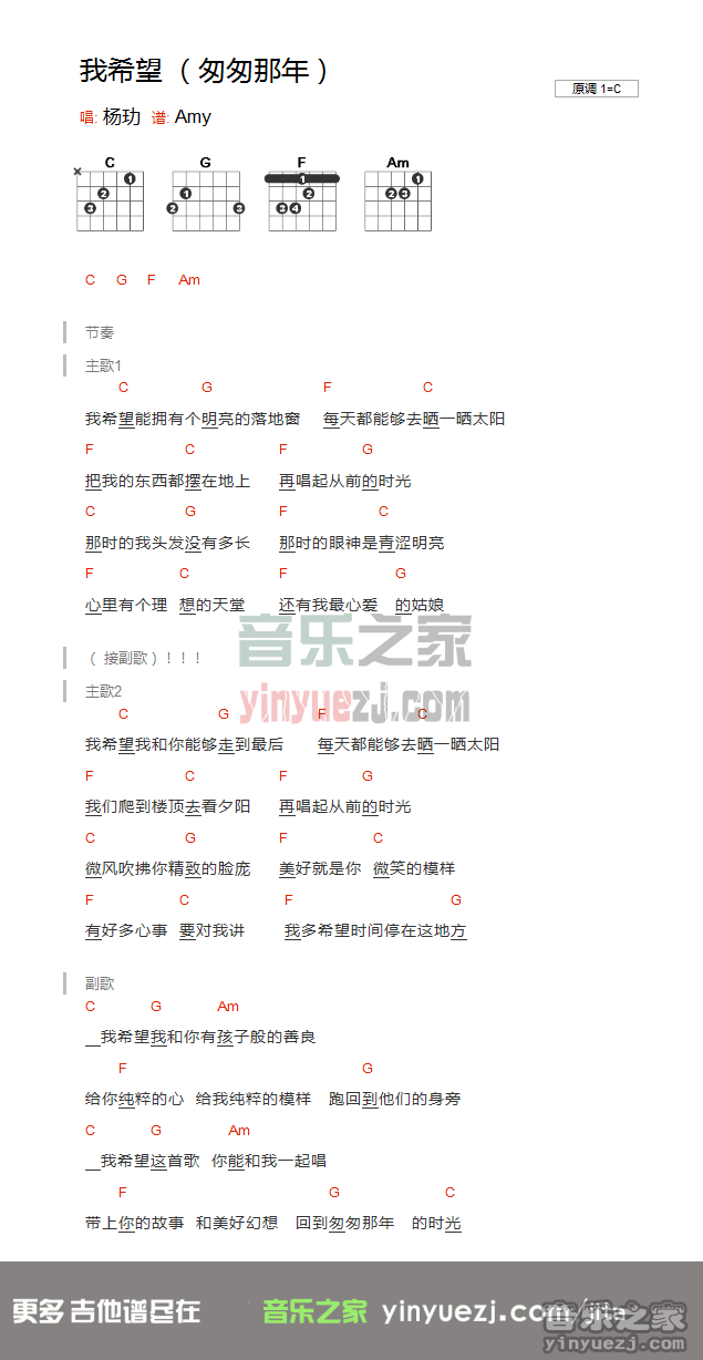 杨玏《我希望》吉他谱