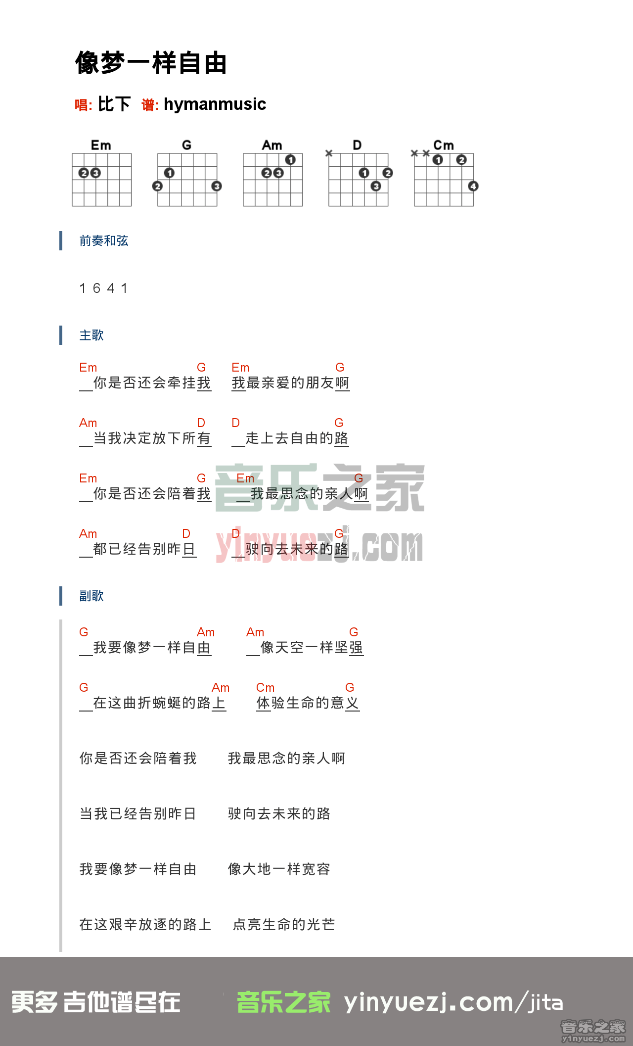 汪峰《像梦一样自由》吉他谱