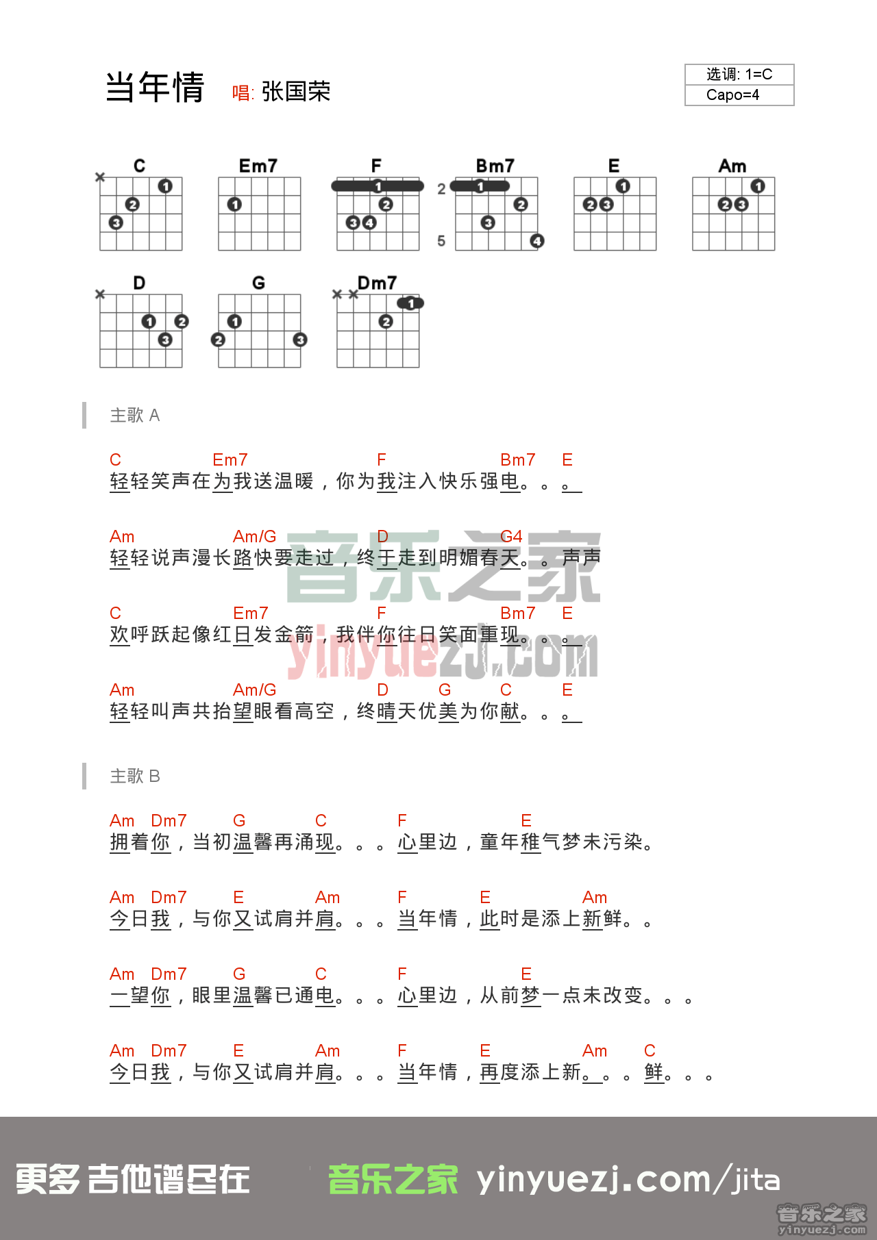 张国荣《当年情》吉他谱