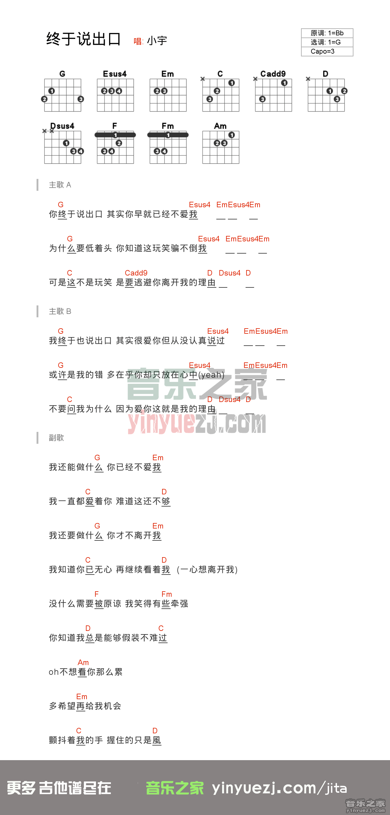 小宇《终于说出口》吉他谱