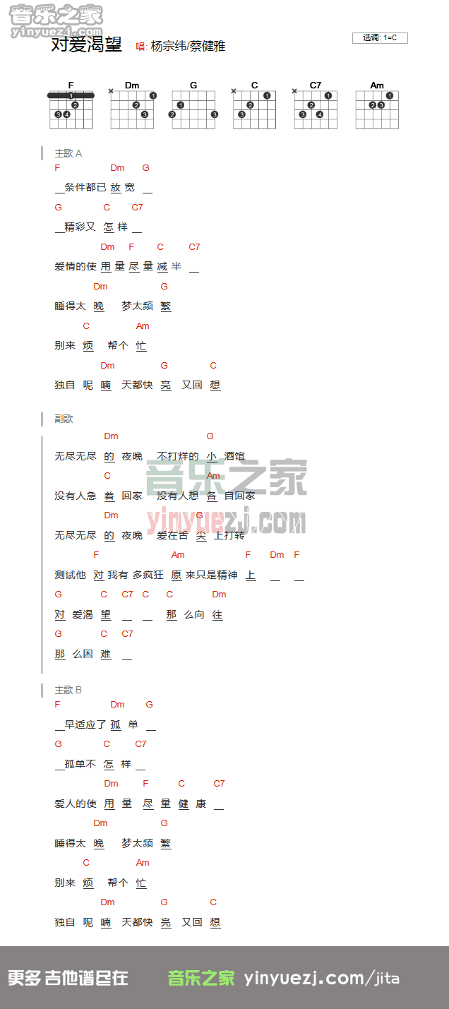 蔡健雅/杨宗纬《对爱渴望》吉他谱