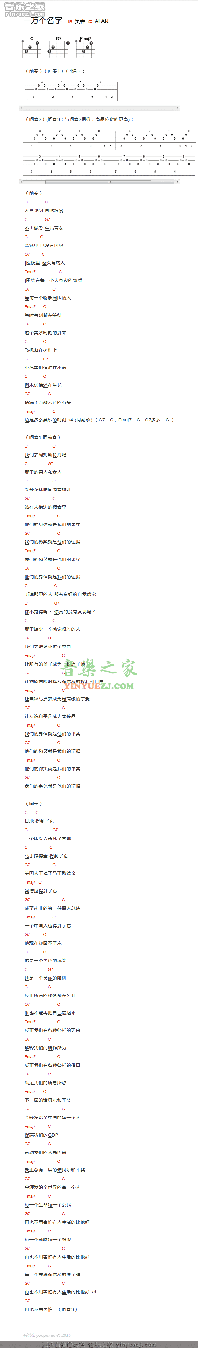 吴吞《一万个名字》吉他谱(和弦txt谱)