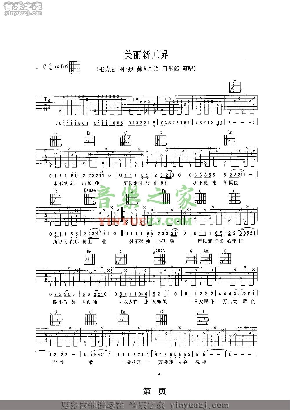 1羽泉/王力宏《美丽新世界》吉他谱