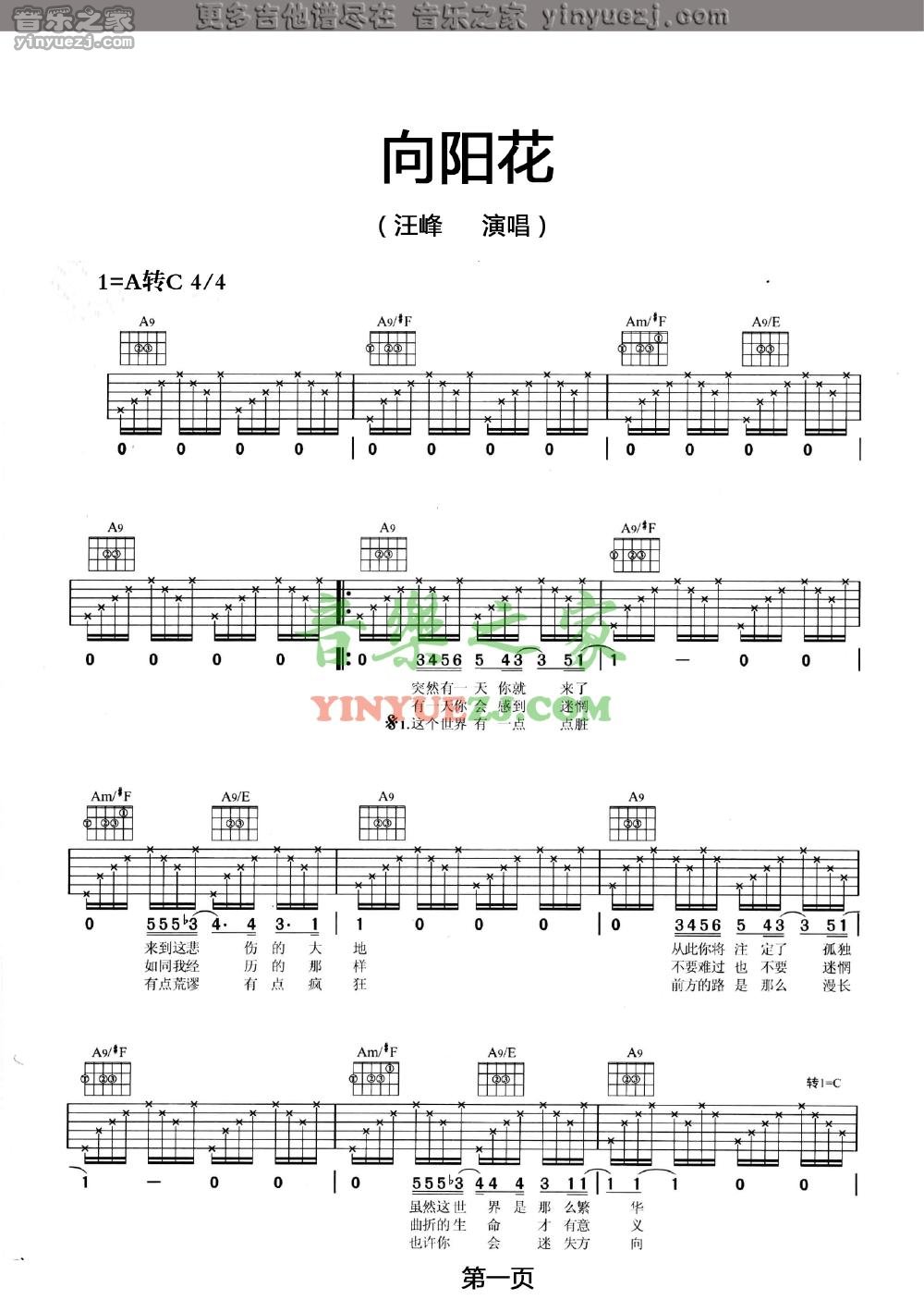 1汪峰《向阳花》吉他谱