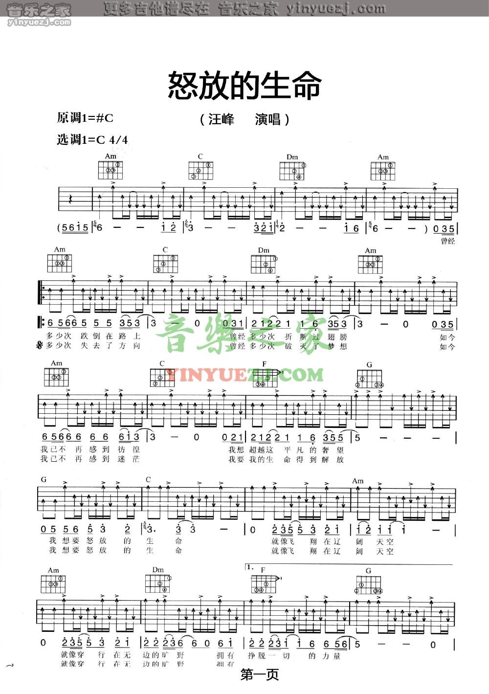 1汪峰《怒放的生命》吉他谱