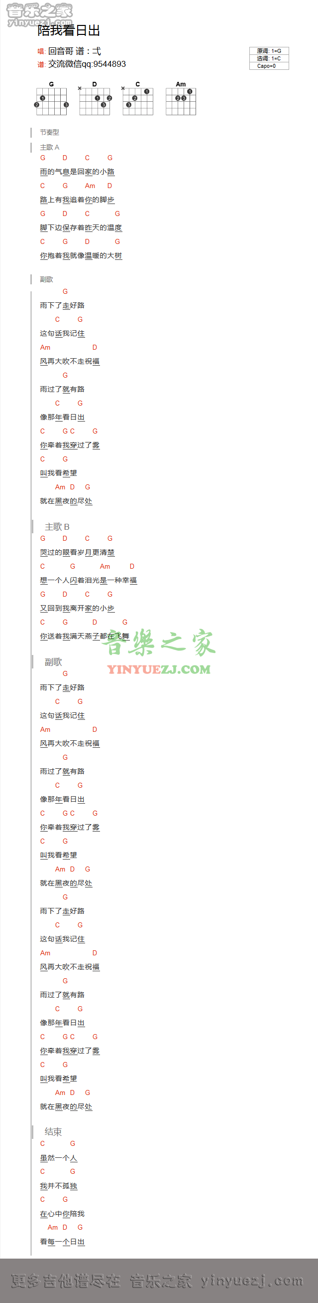回音哥《陪我看日出》吉他谱