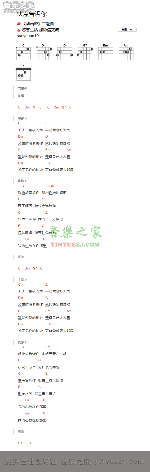 版本二 动画城主题曲《快点告诉你》吉他谱