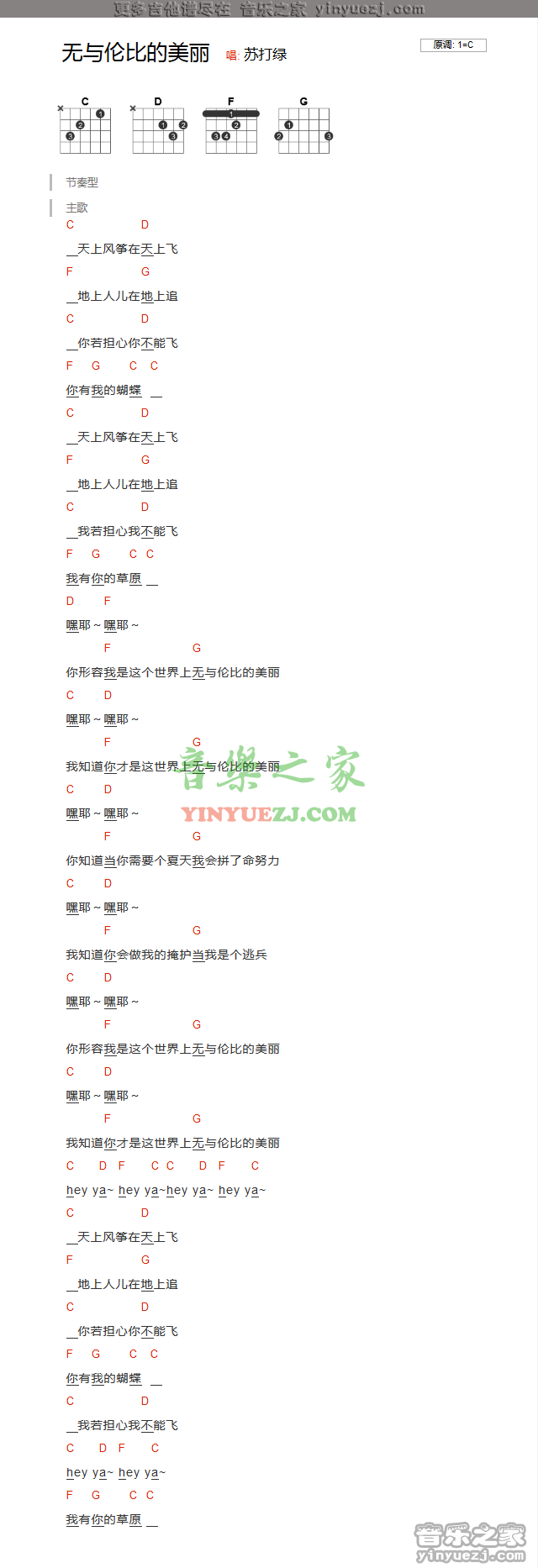 苏打绿《无与伦比的美丽》吉他谱txt