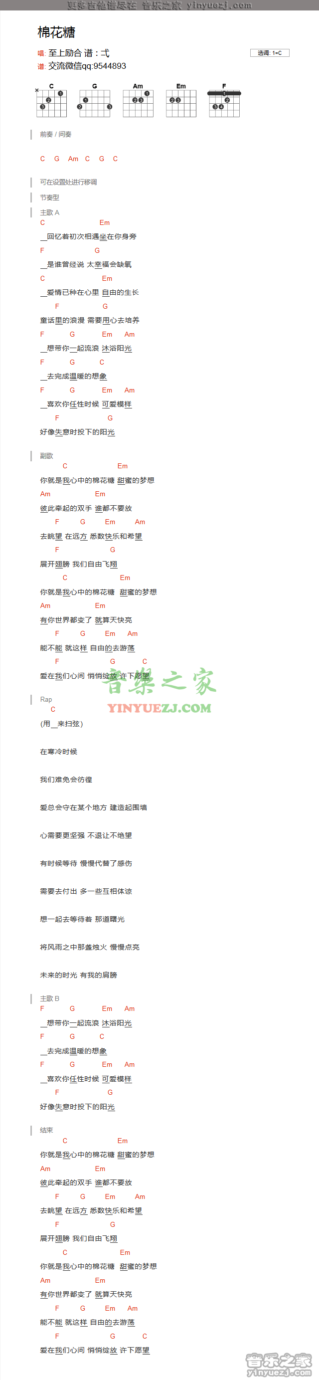 至上励合《棉花糖》吉他谱txt
