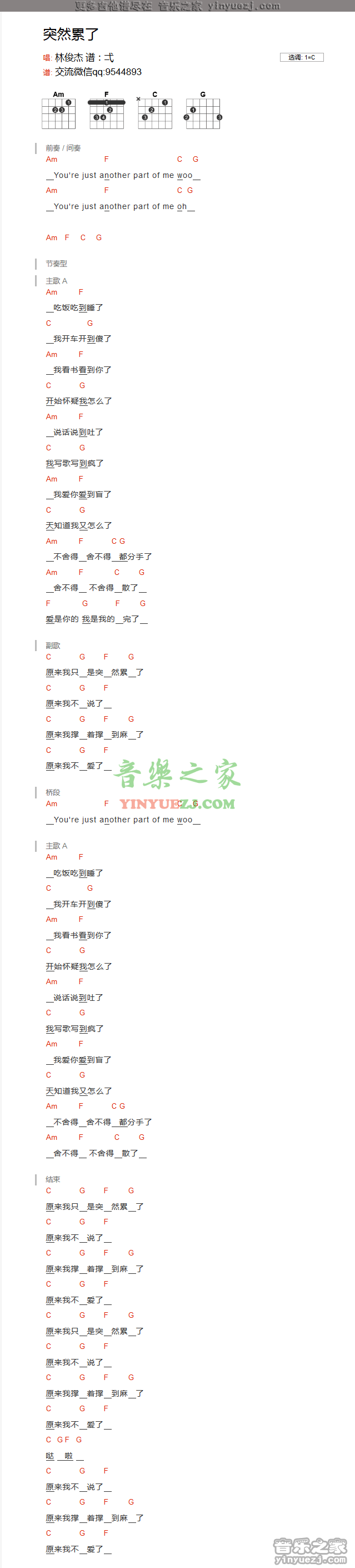 林俊杰《突然累了》吉他谱txt