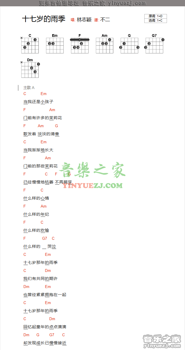 林志颖《十七岁的雨季》吉他谱txt