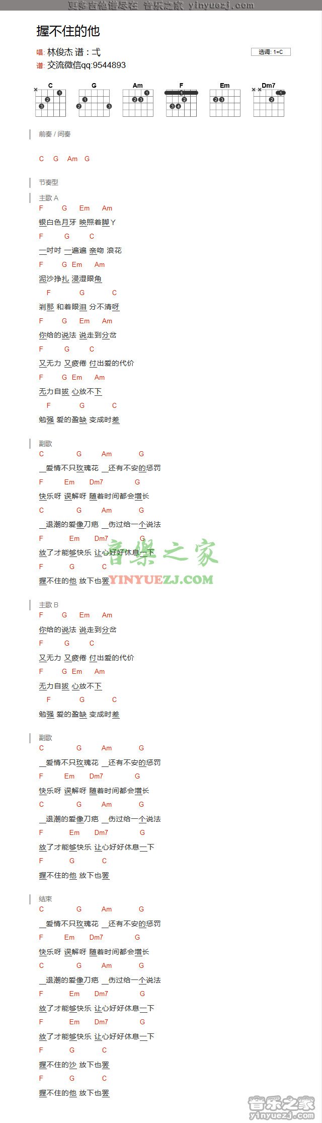 林俊杰《握不住的他》吉他谱txt