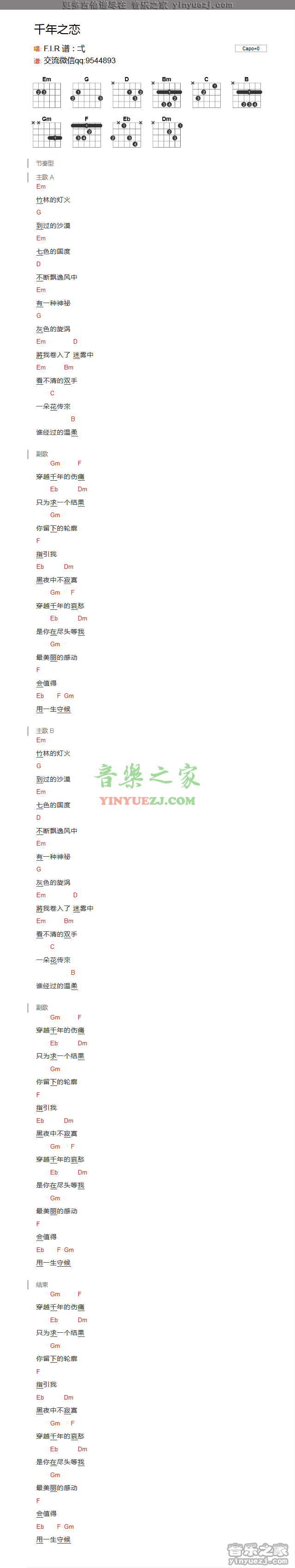 飞儿乐团《千年之恋》吉他谱txt