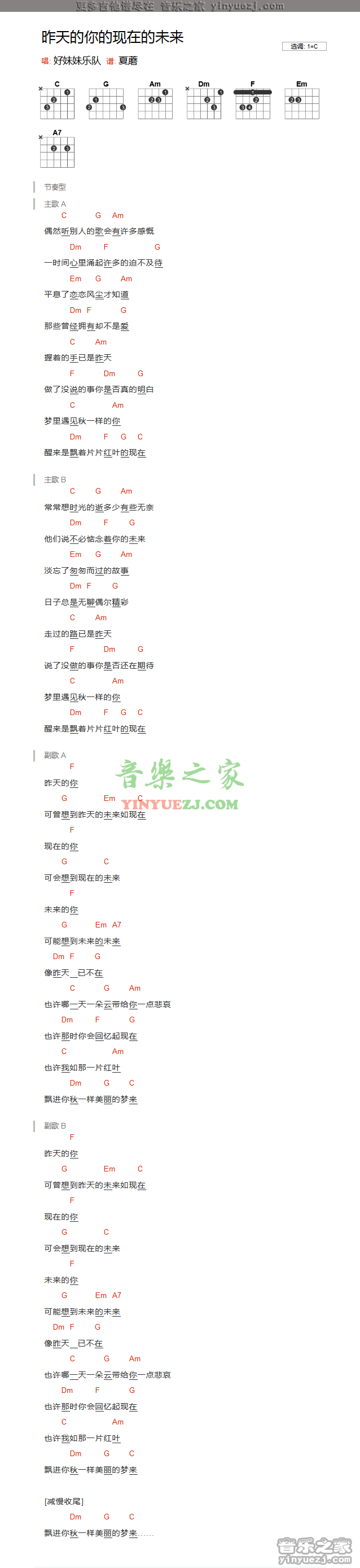 好妹妹《昨天的你的现在的未来》吉他谱txt