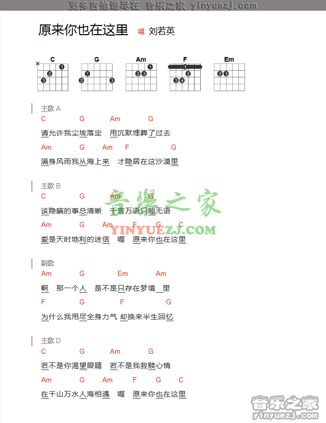 刘若英《原来你也在这里》吉他谱txt
