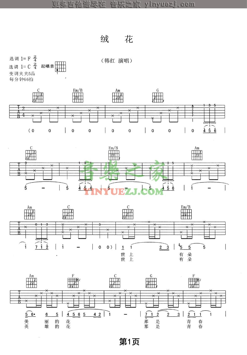 1韩红《绒花》吉他谱