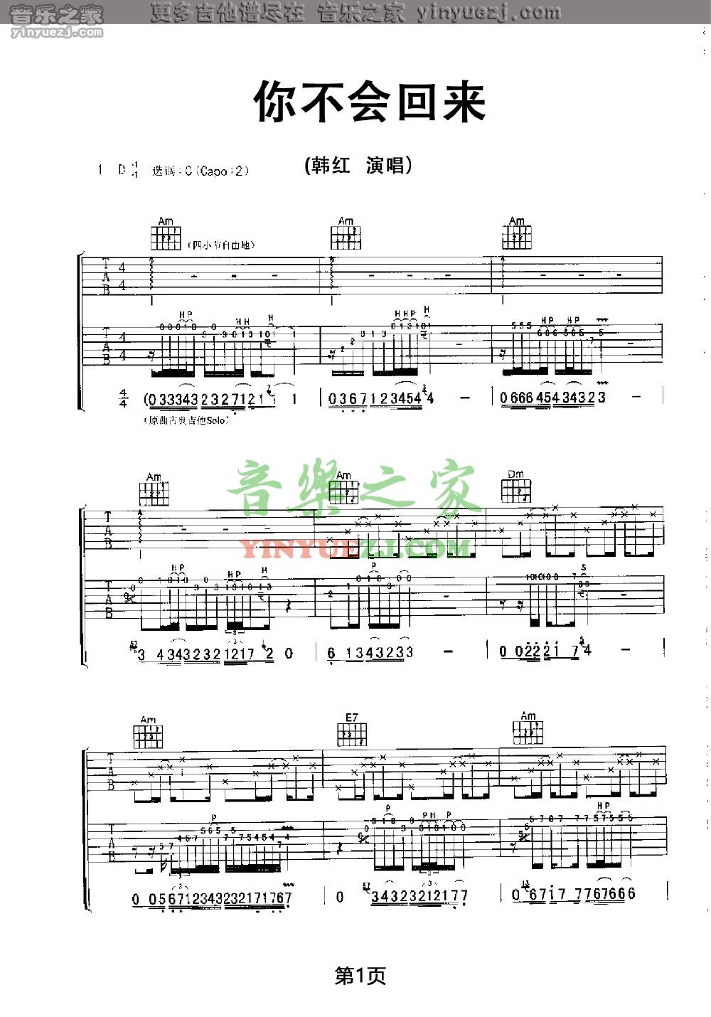 1韩红《你不会回来》吉他谱