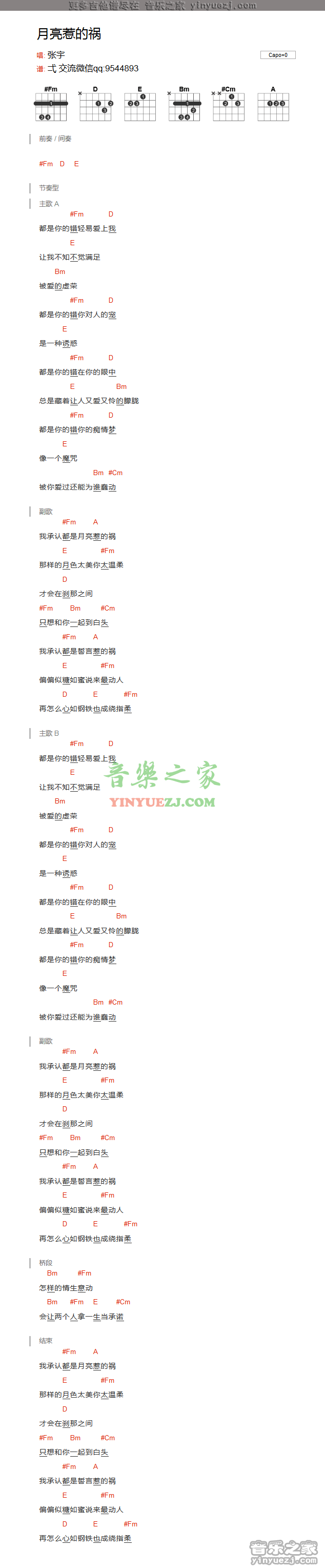 张宇《月亮惹的祸》吉他谱txt