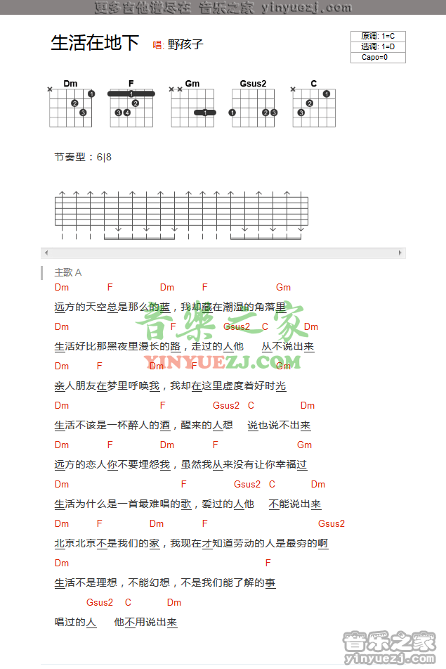 谢天笑《生活在地下》吉他谱txt