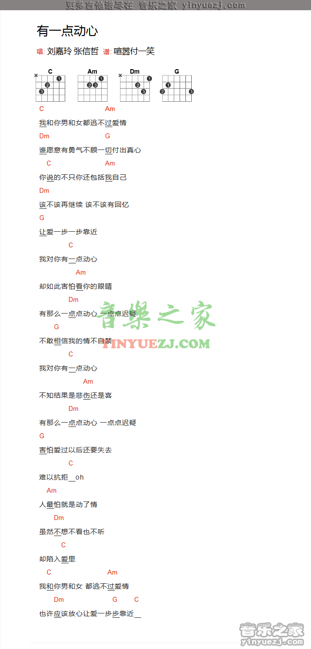 张信哲/刘嘉玲《有一点动心》吉他谱txt