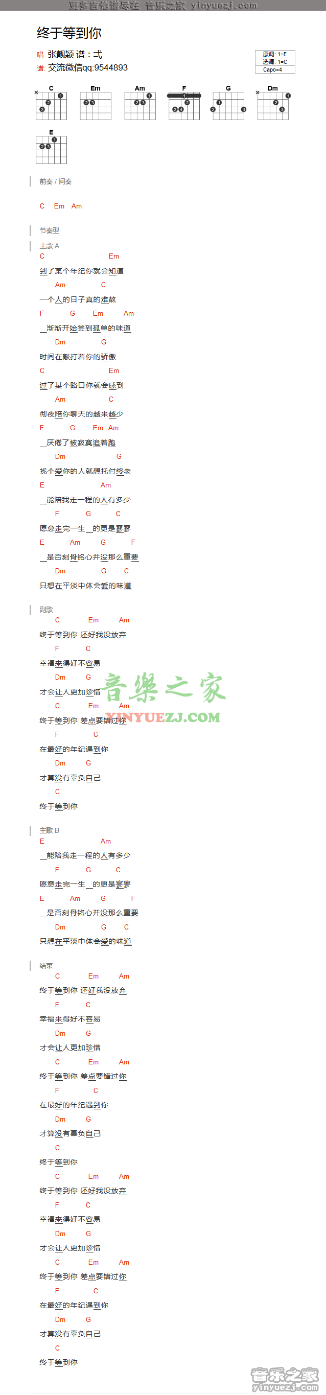 张靓颖《终于等到你》吉他谱txt