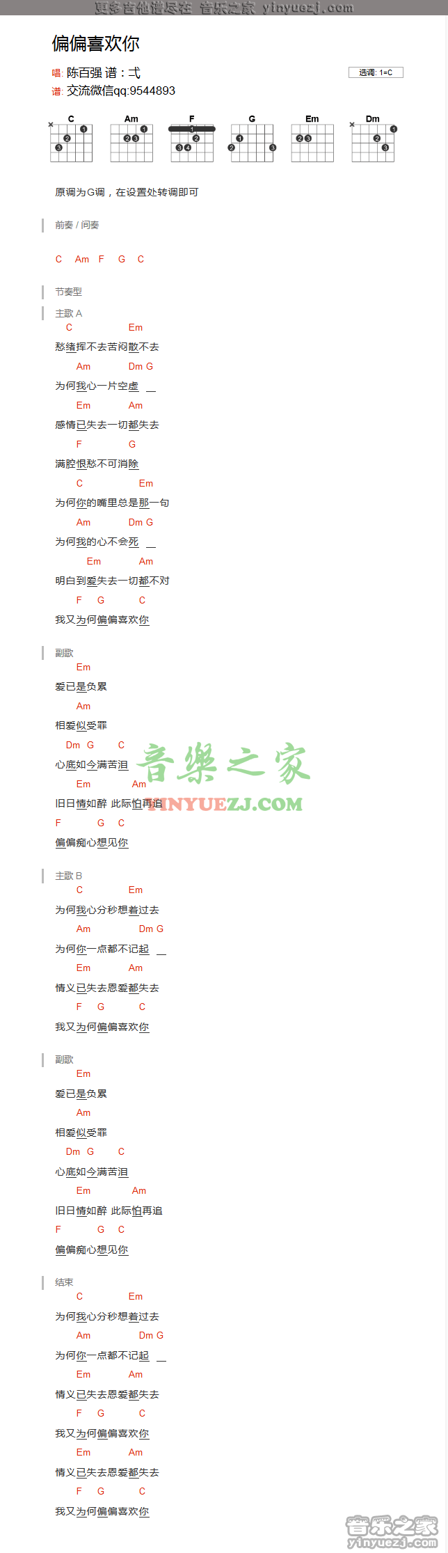 陈百强《偏偏喜欢你》吉他谱txt