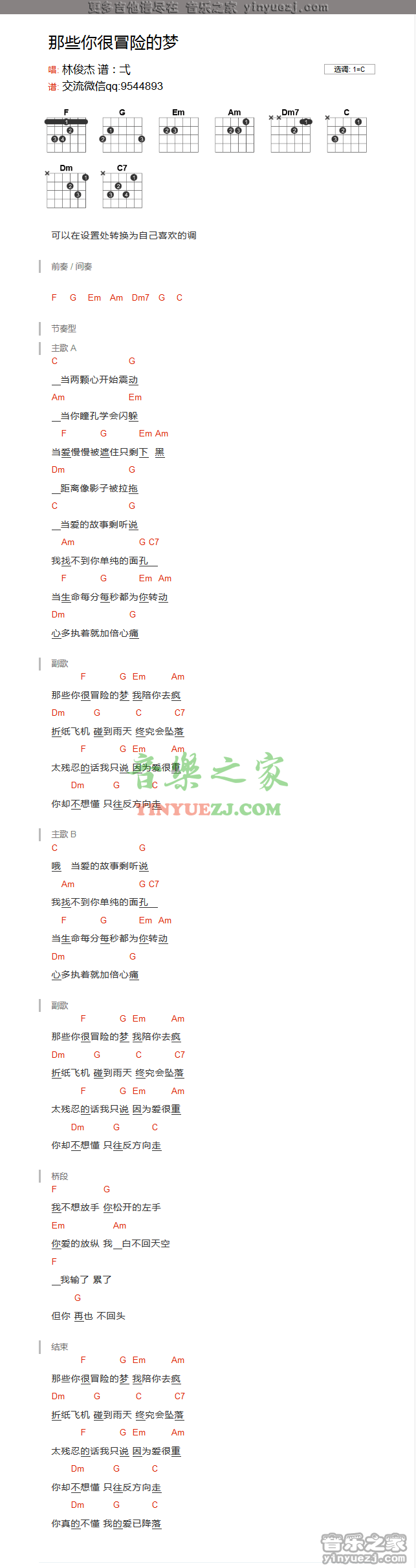 林俊杰《那些你很冒险的梦》吉他谱txt