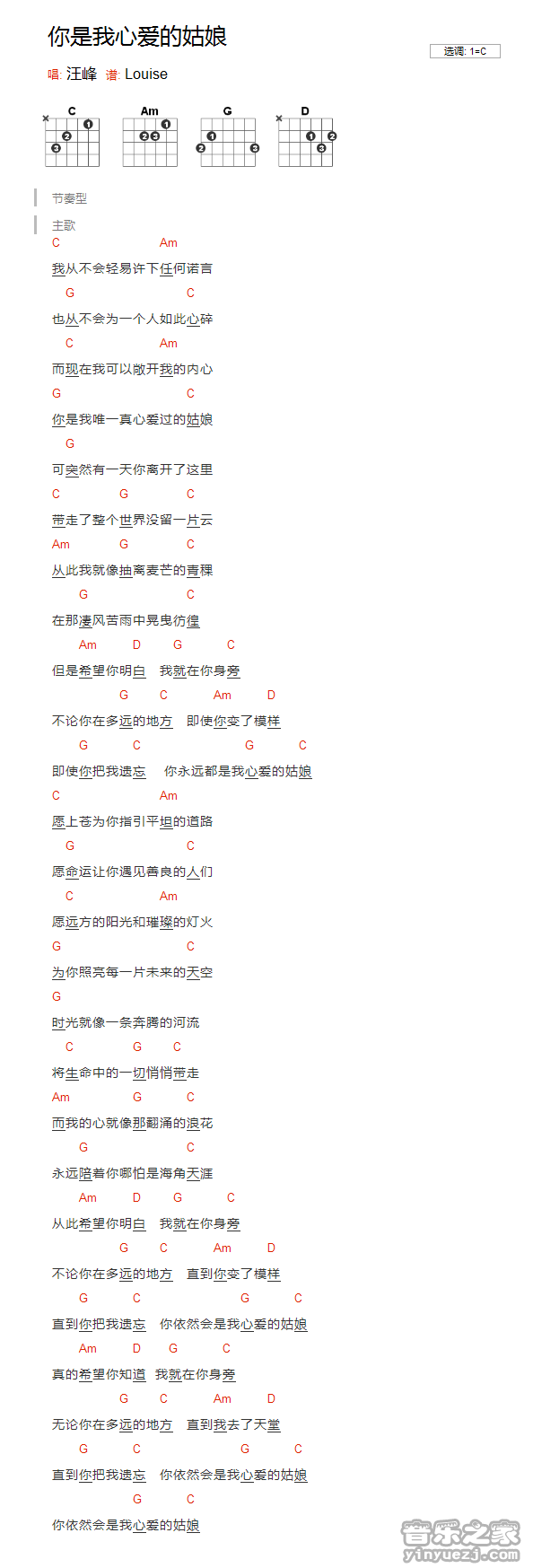 C调版 汪峰《你是我心爱的姑娘》吉他和弦弹唱谱