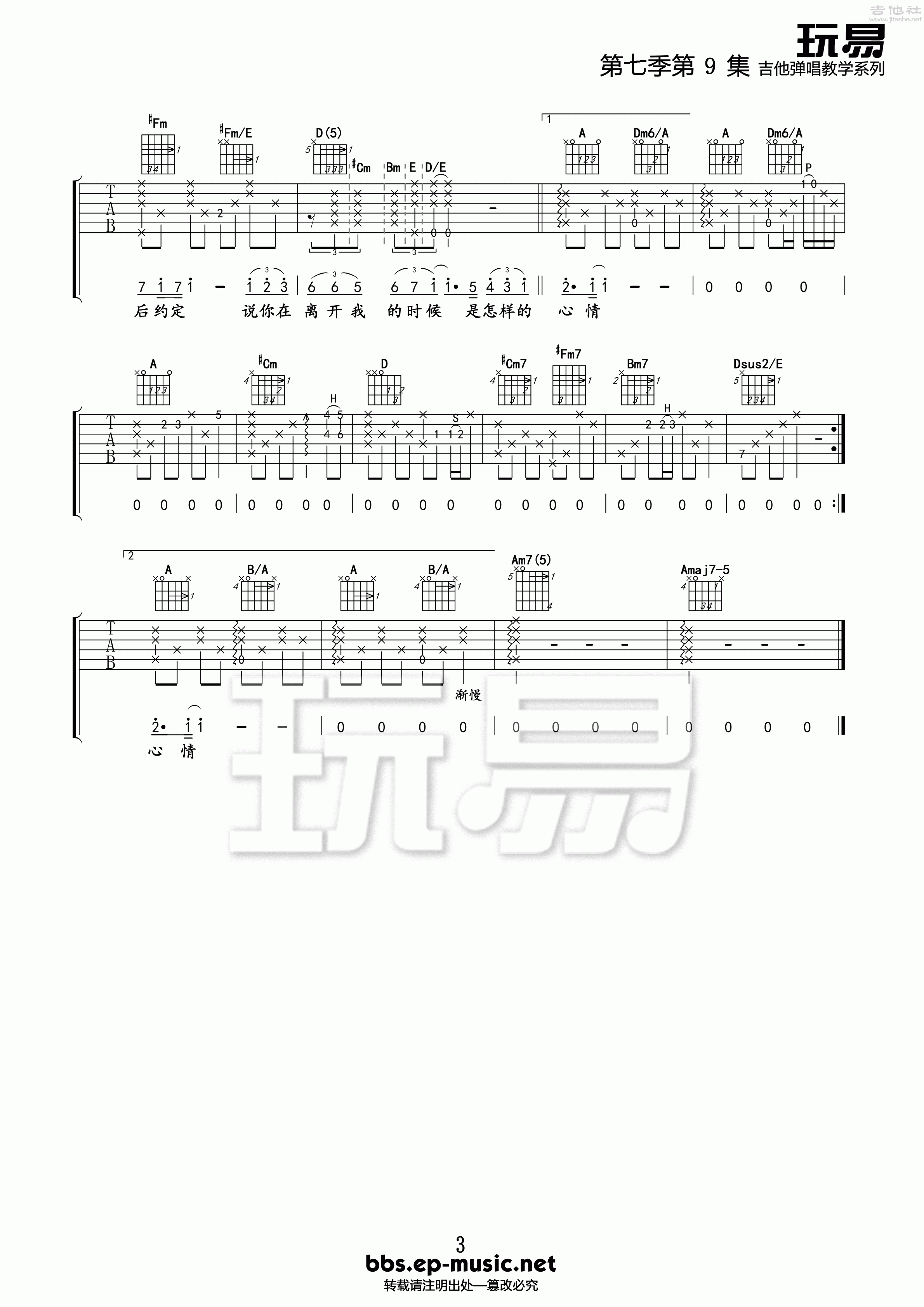3玩易A调版 张惠妹《听海》吉他弹唱六线谱