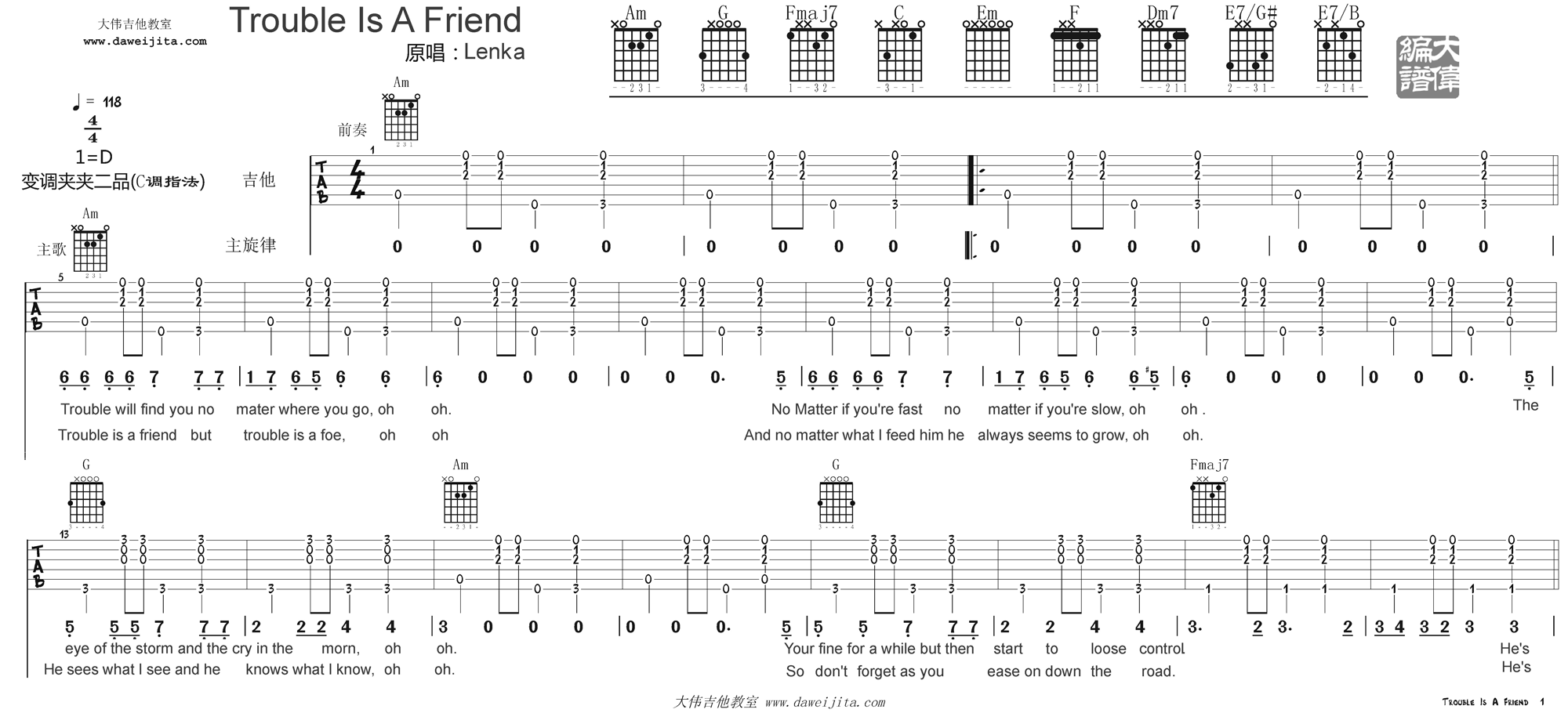 1大伟C调版 《Trouble Is A Friend》吉他弹唱六线谱