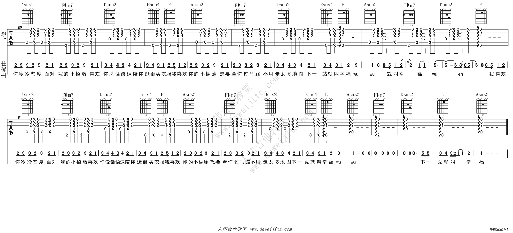 4大伟A调版 回音哥《海绵宝宝》吉他弹唱六线谱