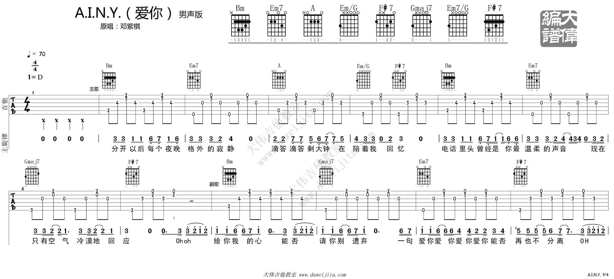 1大伟D调版 邓紫棋《A.I.N.Y.》爱你吉他弹唱六线谱