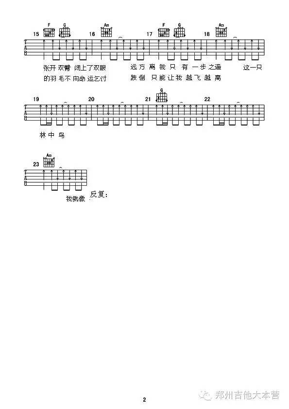 2C调简单版 葛林《林中鸟》吉他弹唱六线谱