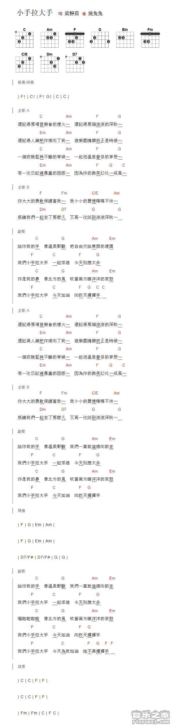 梁静茹《小手拉大手》吉他和弦弹唱谱