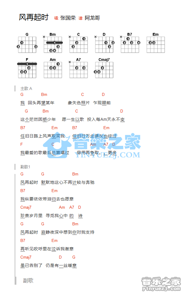 张国荣《风再起时》吉他和弦弹唱谱