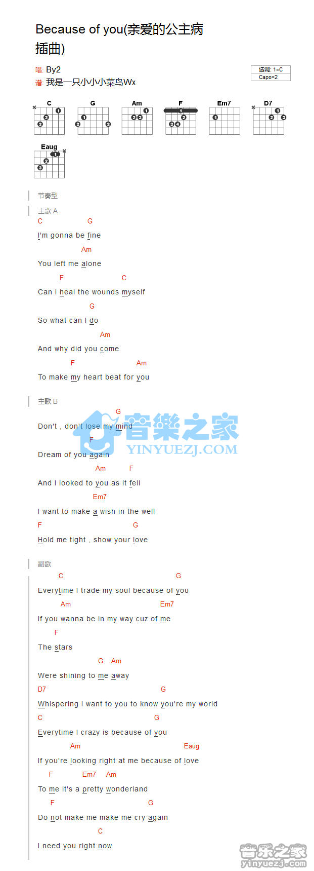 C调版 By2《Because Of You》吉他和弦弹唱谱