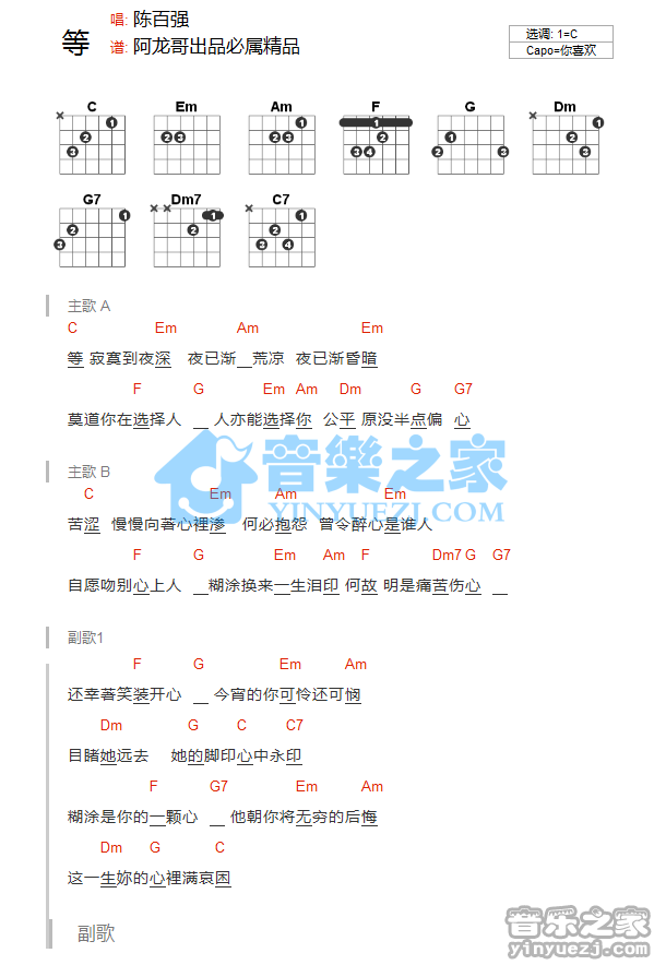 C调版 陈百强《等》吉他和弦弹唱谱