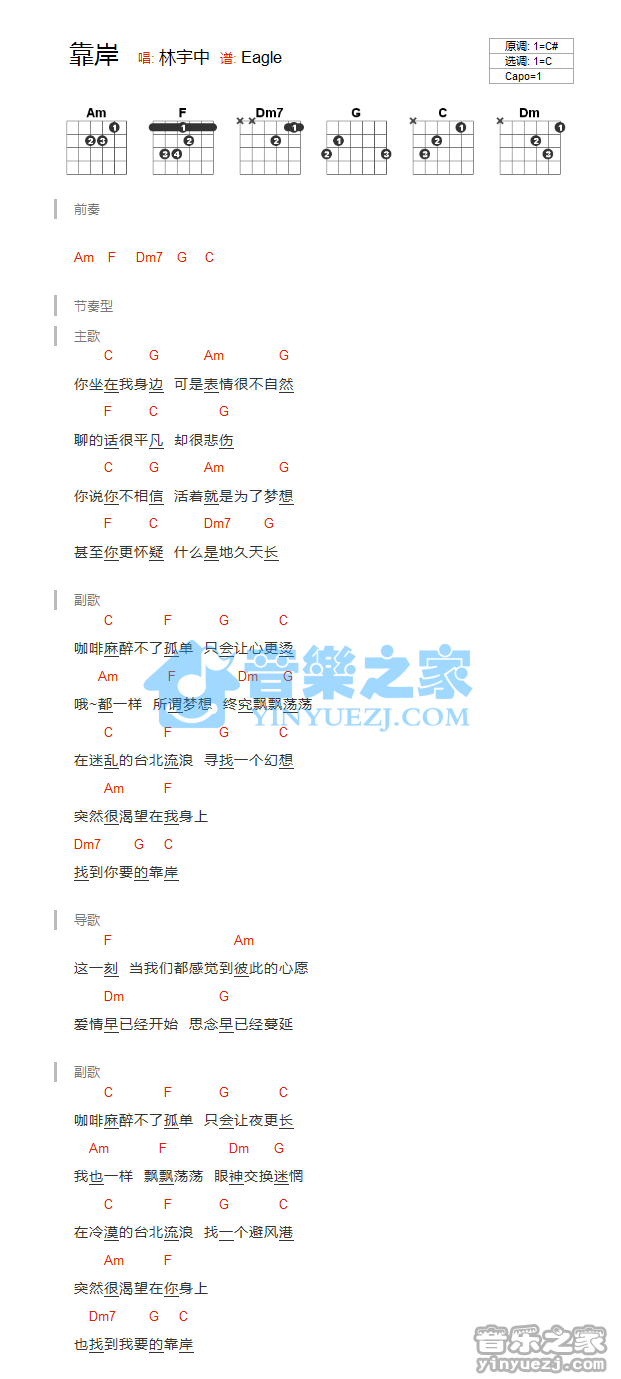 C调版 林宇中《靠岸》吉他和弦弹唱谱