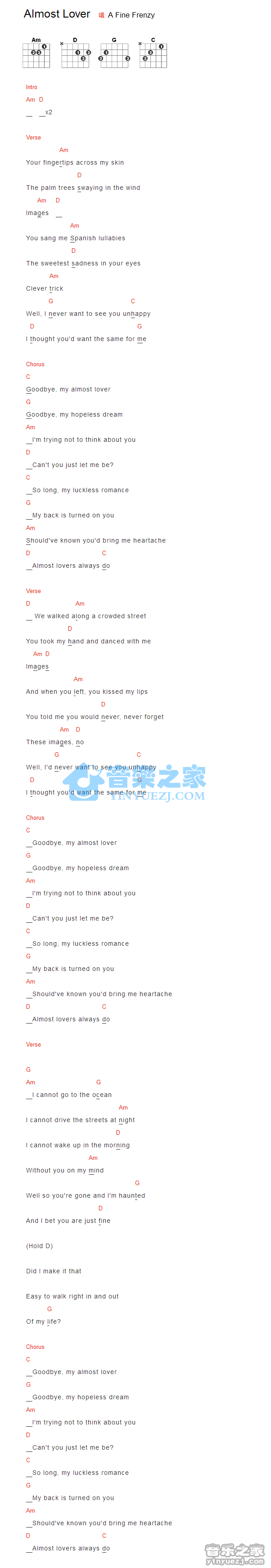 A Fine Frenzy《Amost Lover》吉他和弦弹唱谱