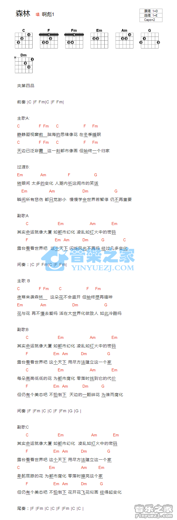 E调版 Mr.乐队《森林》吉他和弦弹唱谱