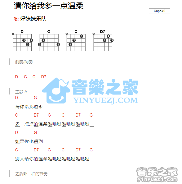 好妹妹《请你给我多一点温柔》吉他和弦弹唱谱