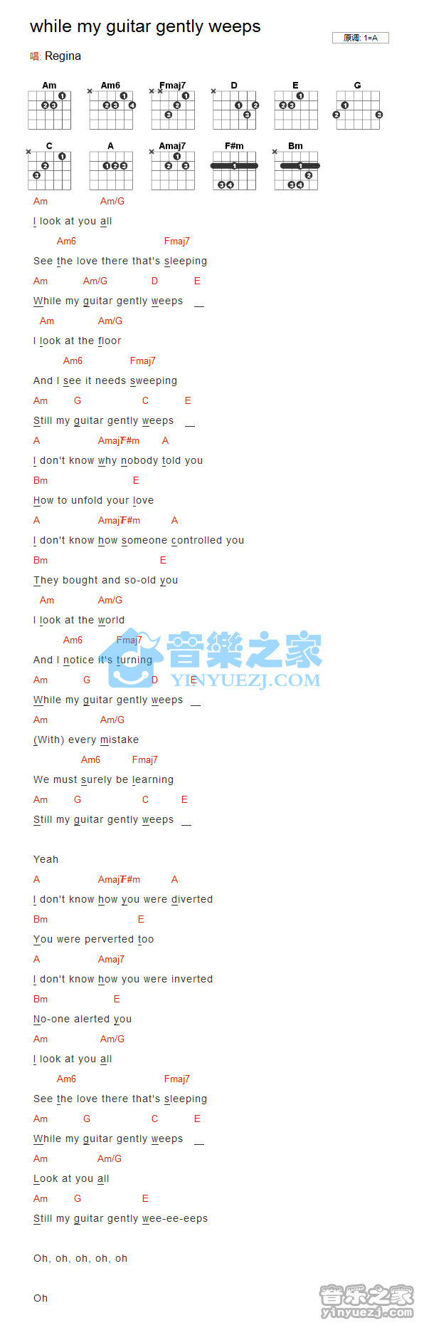 C调版《while my guitar gently weeps》吉他和弦弹唱谱