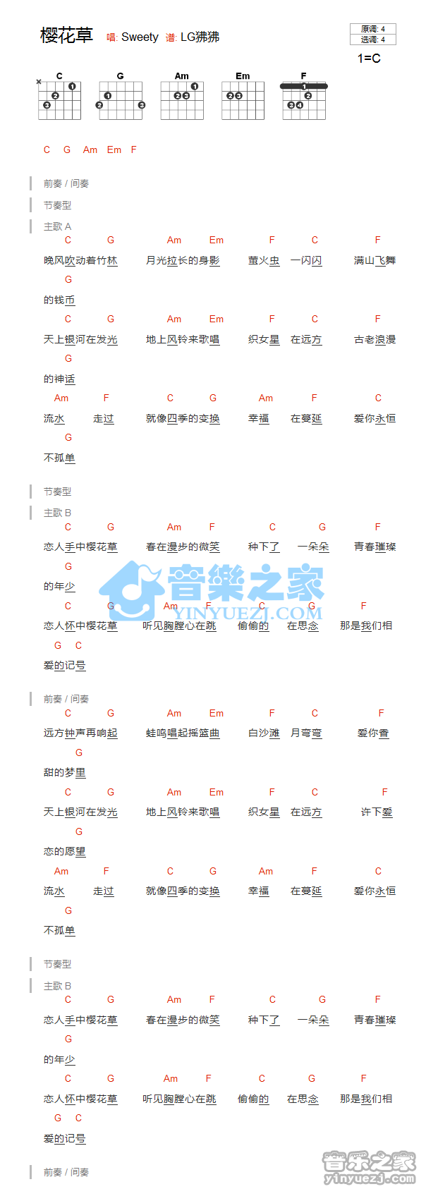 C调版 Sweety《樱花草》吉他和弦弹唱谱