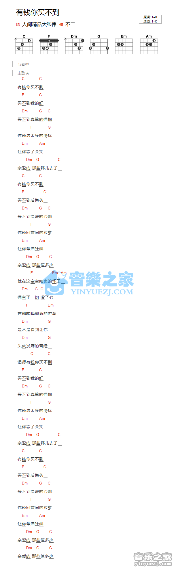 C调版 大张伟《有钱你买不到》吉他和弦弹唱谱