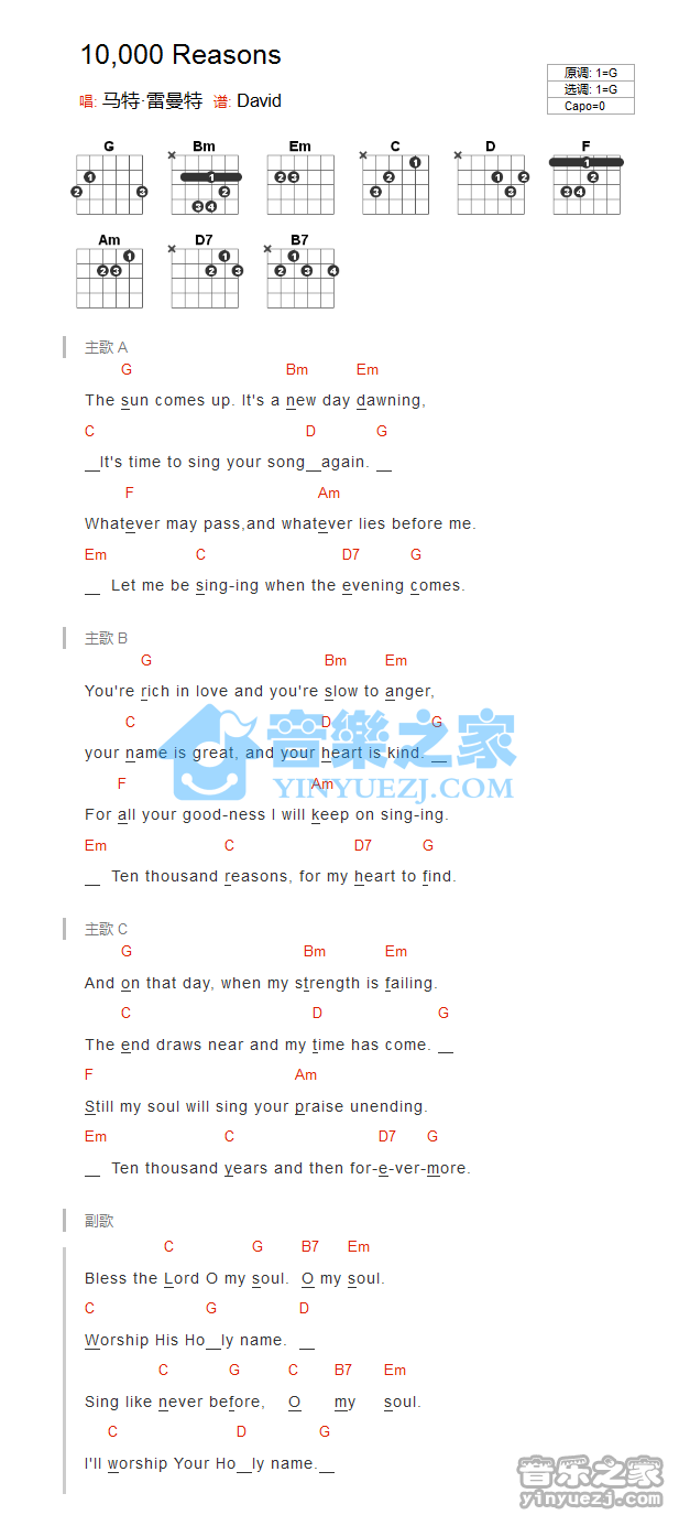 G调版 马特雷曼特《10000 Reasons》吉他和弦弹唱谱