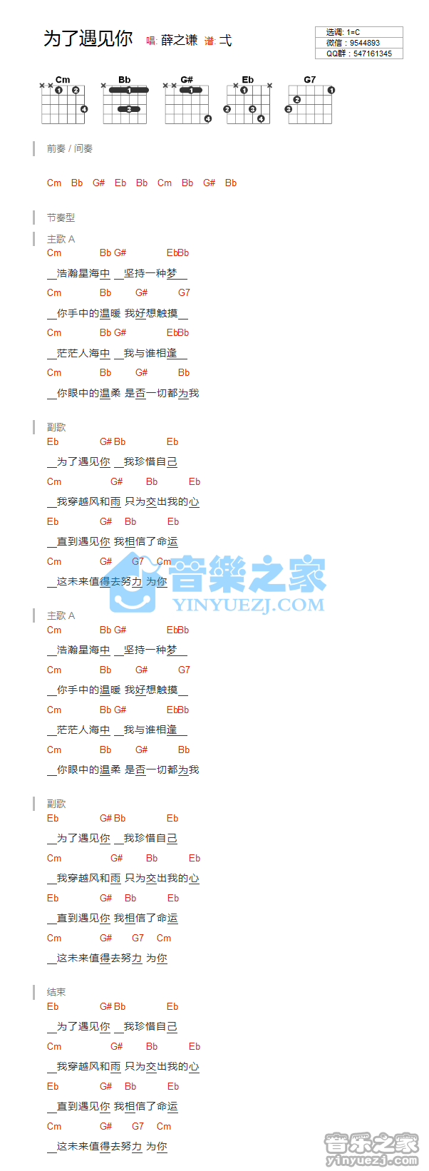 C调版 薛之谦《为了遇见你》吉他和弦弹唱谱