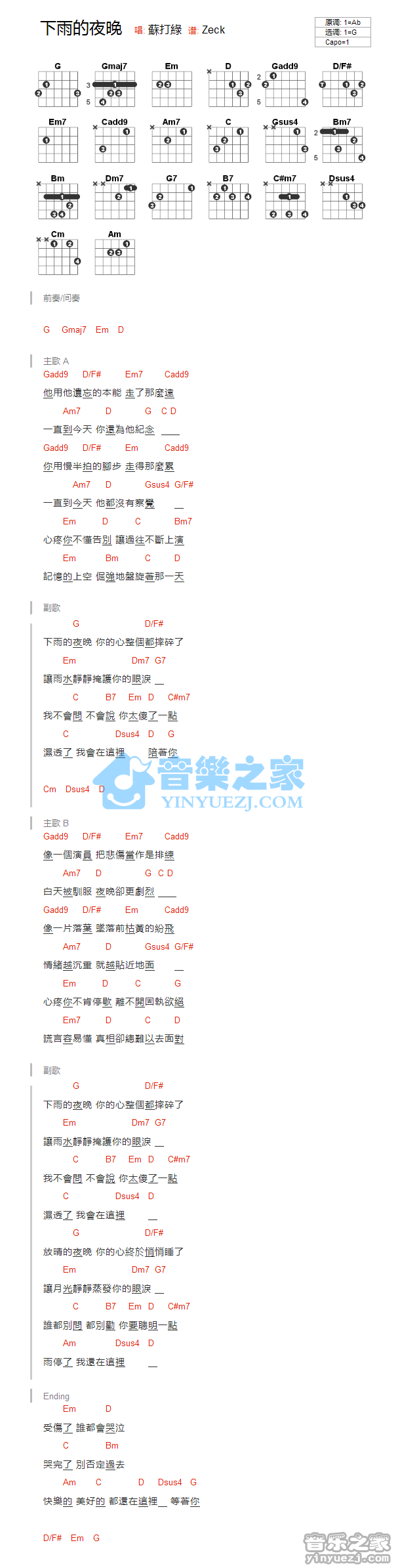 G调版 苏打绿《下雨的夜晚》吉他和弦弹唱谱